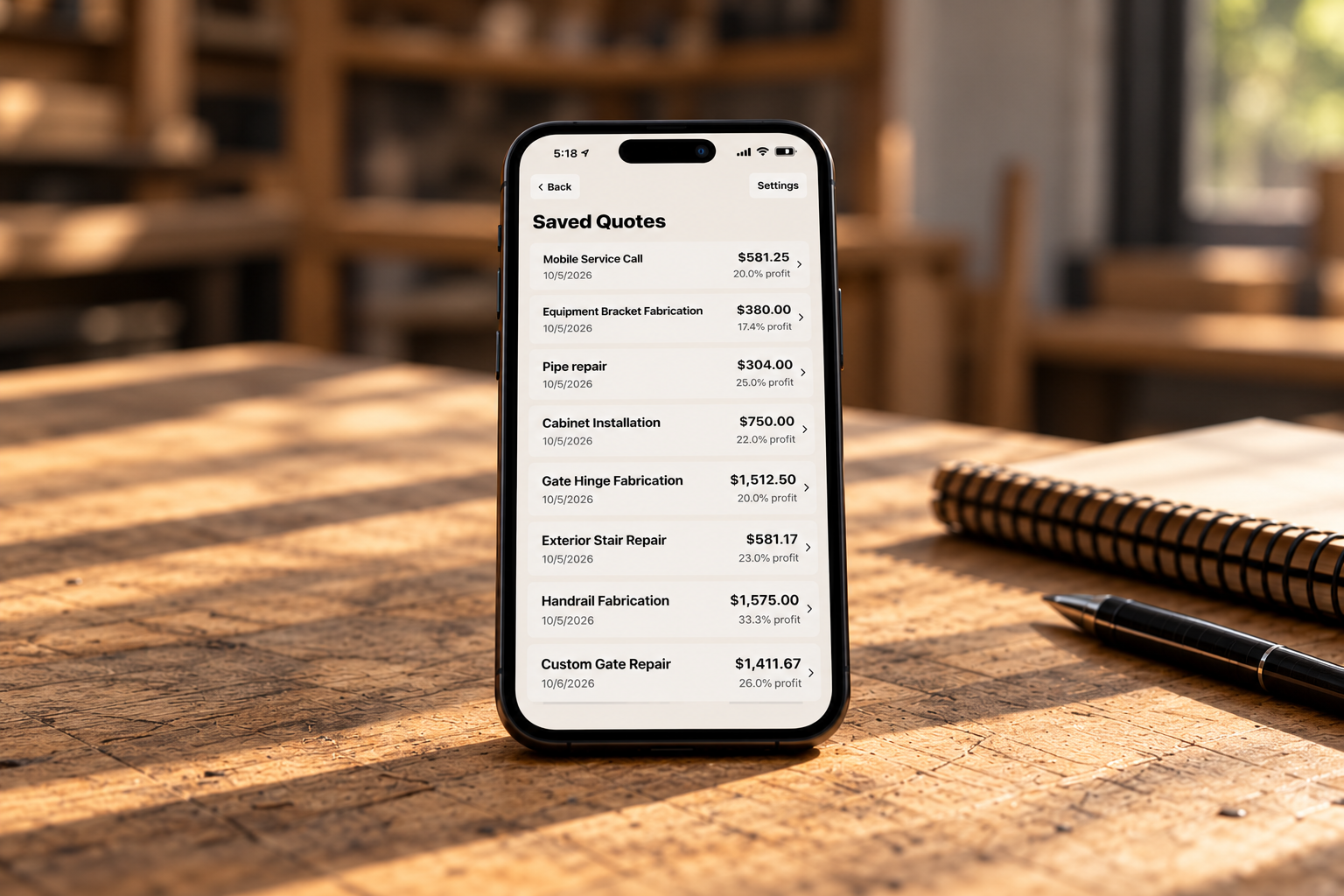 ProfitWorth saved quotes list
